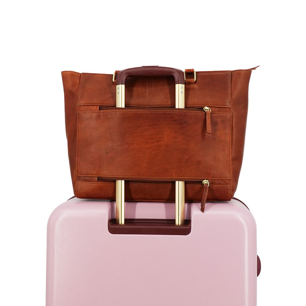 dames laptoptas leer 15,6 inch cognac achterzijde