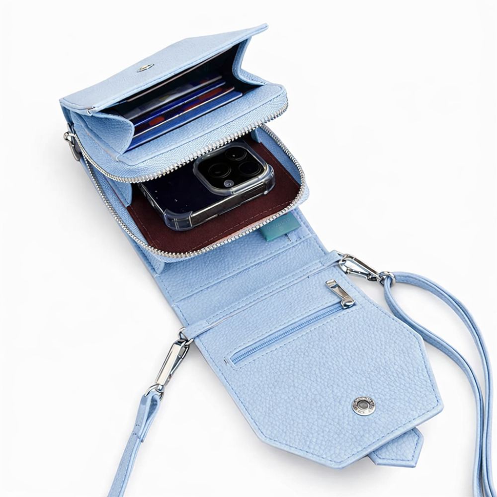 Lichtblauwe portemonnee telefoontasje dames voorzijde binnenzijde