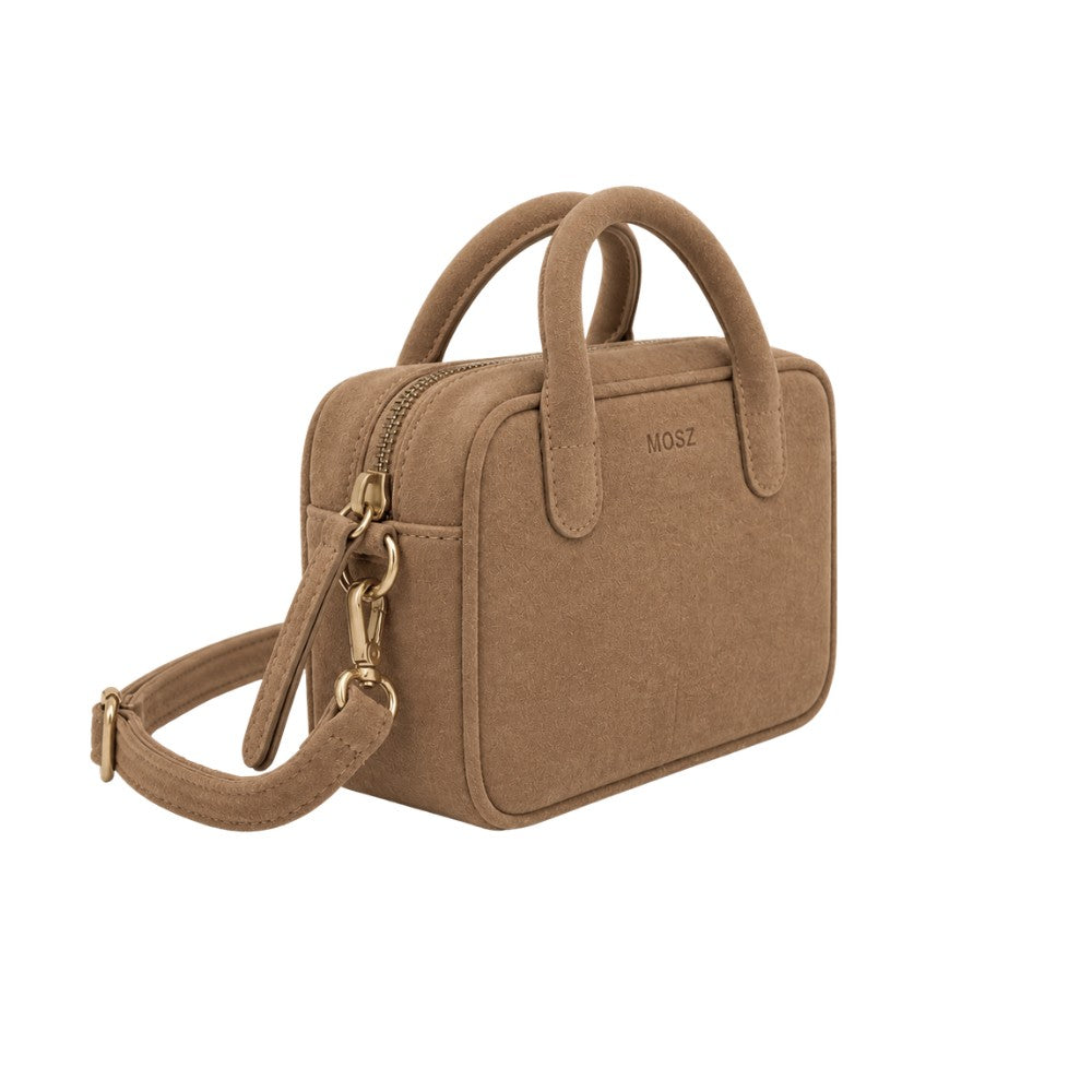 Suede handtas dames taupe MŌSZ Jenny zijkant