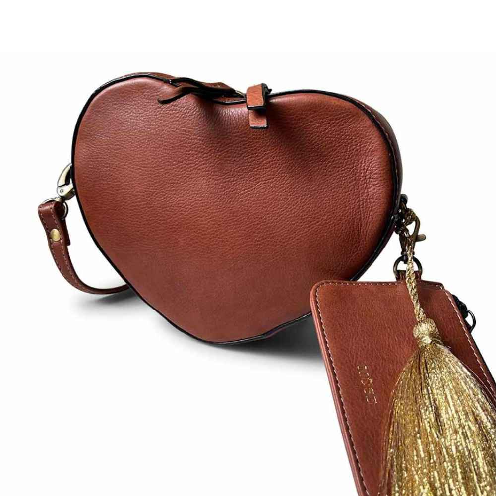 Leren hartvormige tas cognac