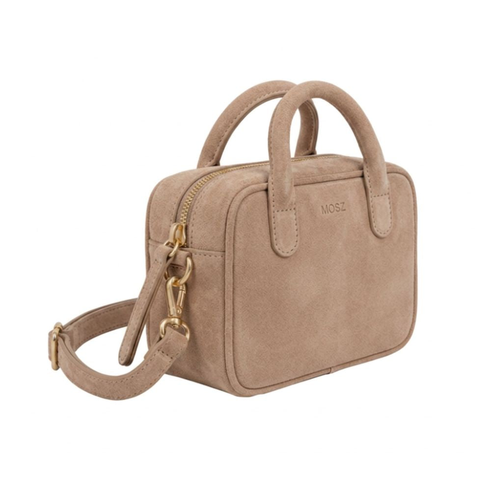 Suede handtas dames beige schuin voorzijde