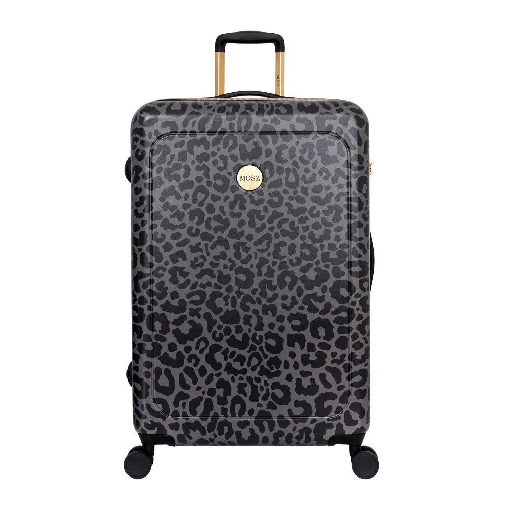 Grote panterprint koffer 76cm in zwart – model Lauren van MŌSZ