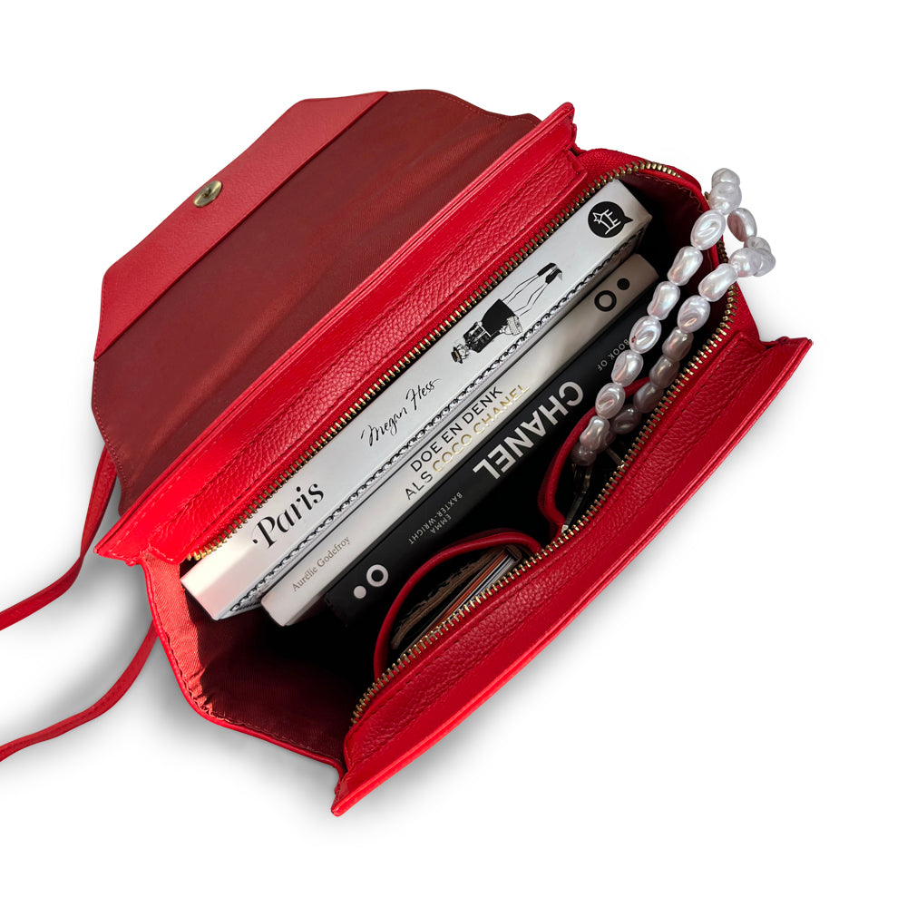 Leren dames handtas rood binnenzijde