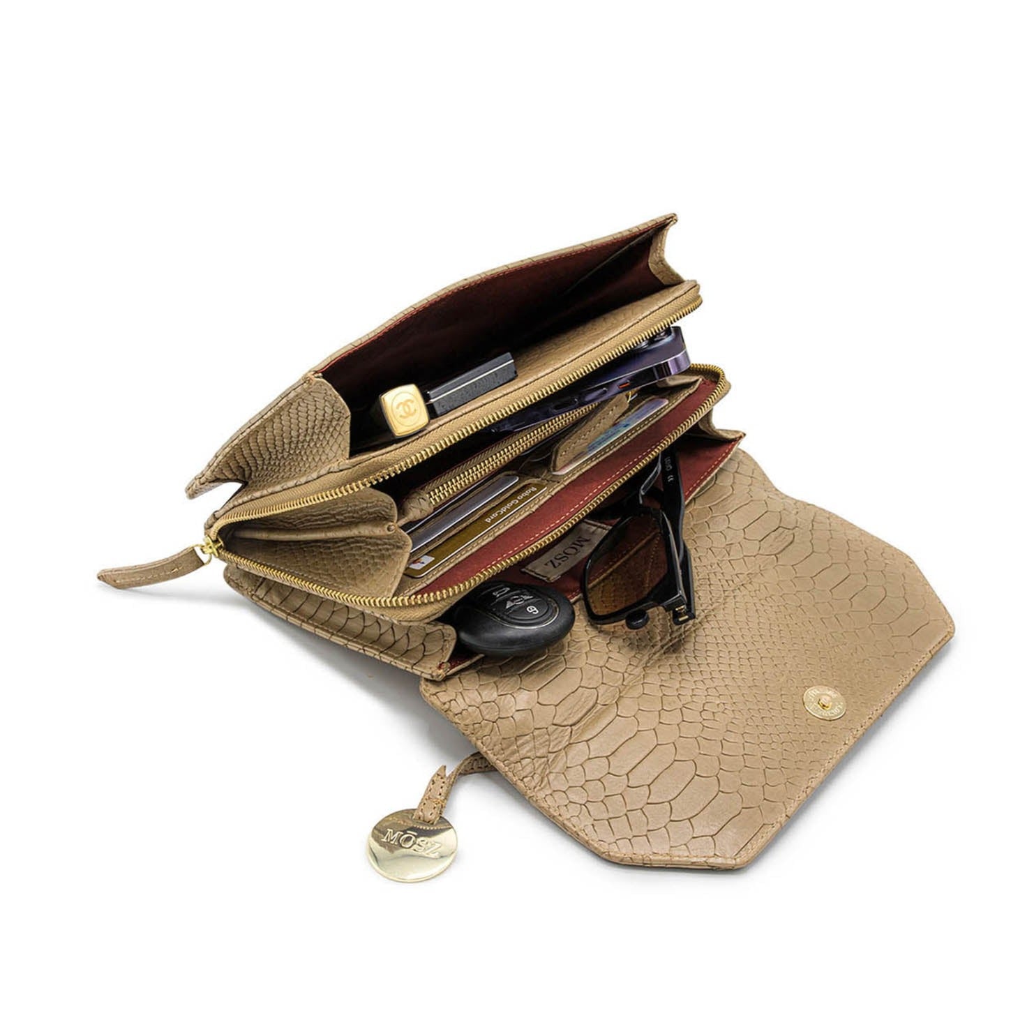 Schoudertas dames taupe slangenprint binnenzijde