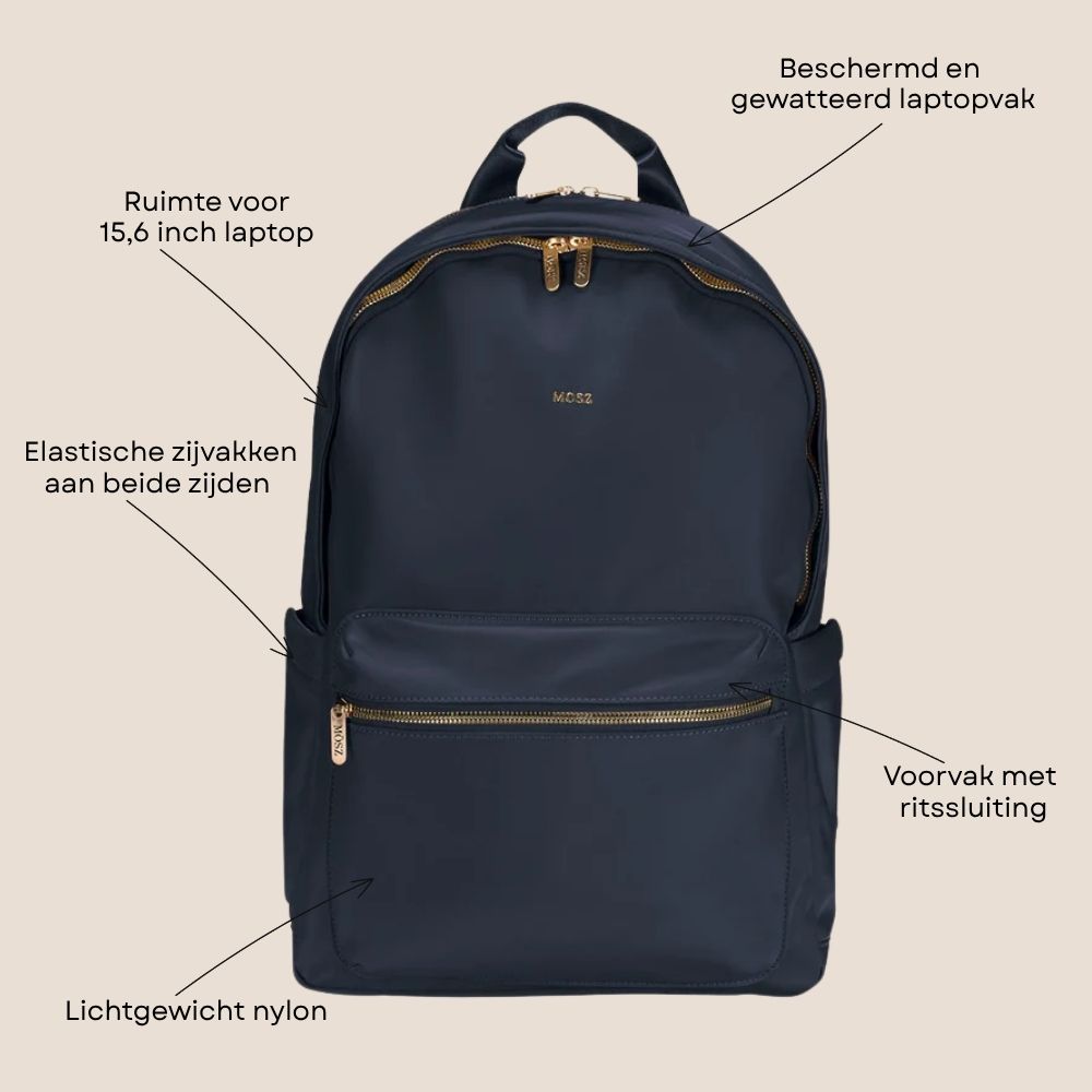 Laptoprugzak dames nylon 15.6 inch donker blauw voorzijde specs