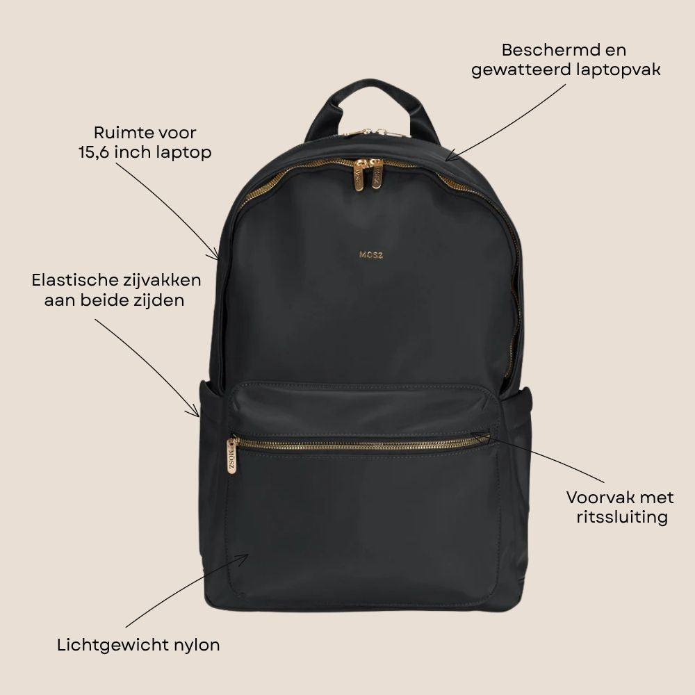 Laptoprugzak dames nylon 15.6 inch zwart voorzijde specs