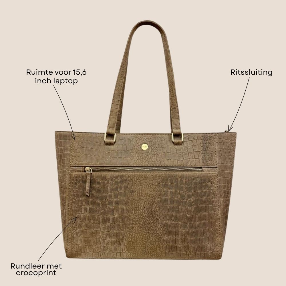 Leren laptoptas dames 15.6 inch taupe voorzijde specificaties