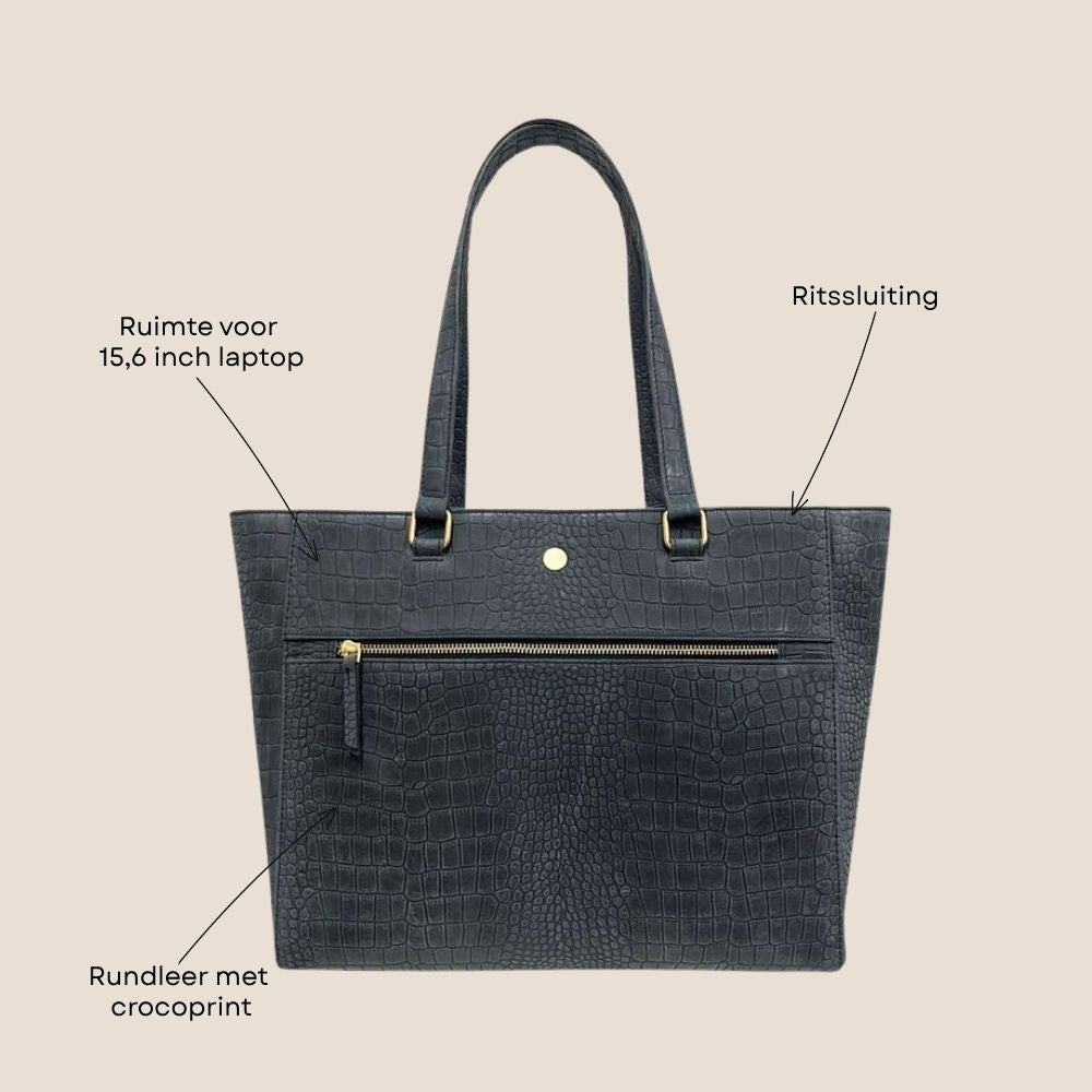 Leren laptoptas dames 15.6 inch zwarte crocoprint voorzijde specificaties