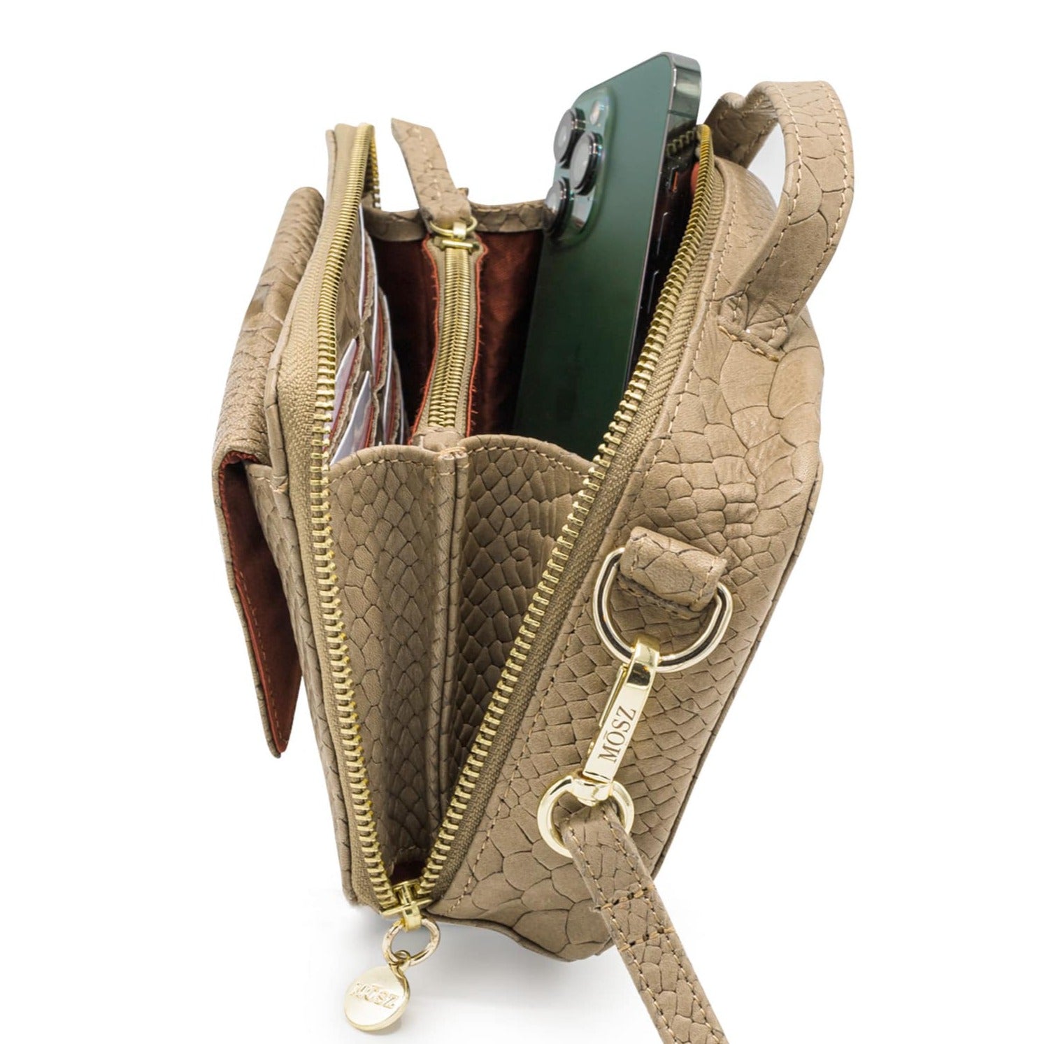 Crossbody tas dames taupe slangenprint binnenzijde