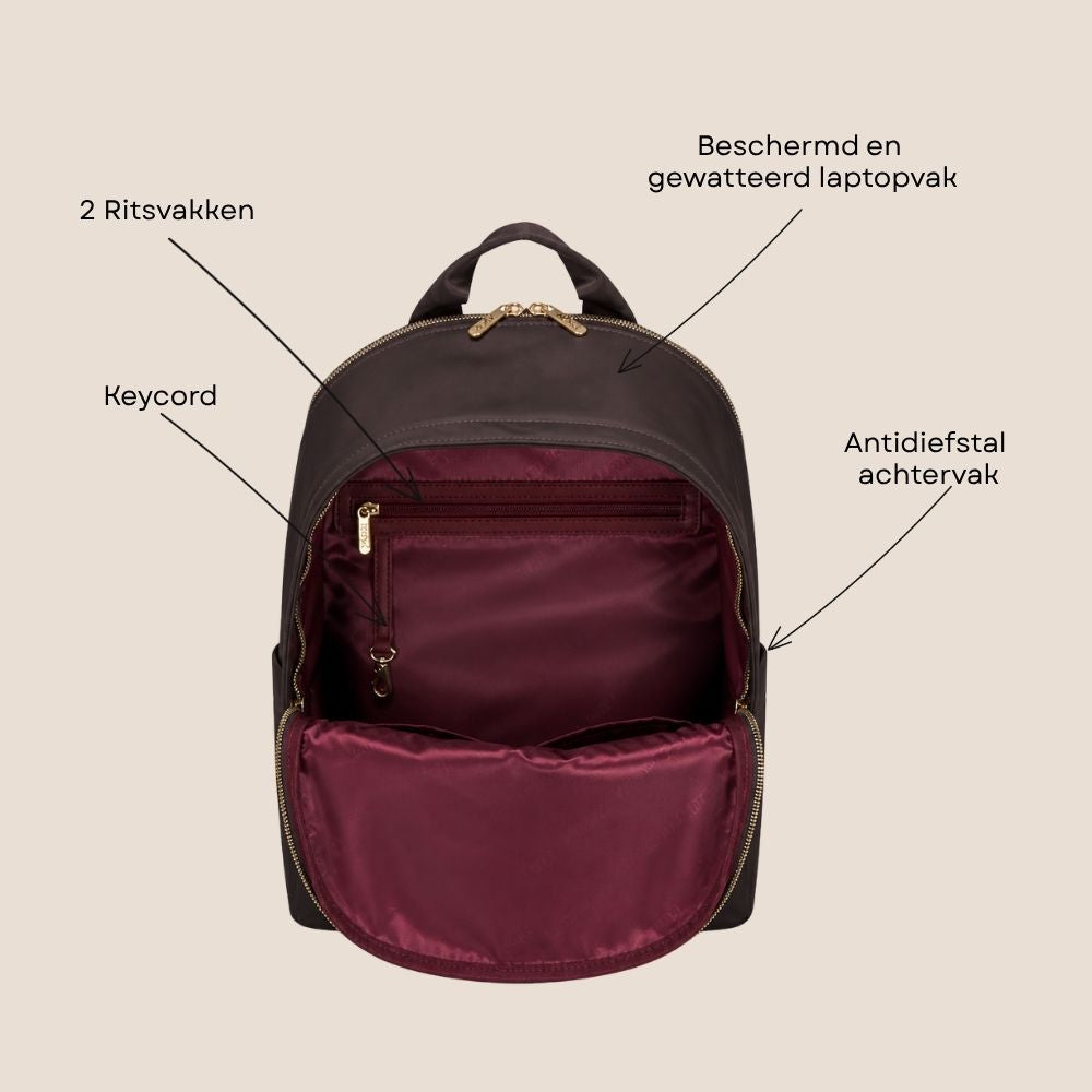 Laptoprugzak dames nylon 15.6 inch donkerbruin MŌSZ Maren binnenkant specificaties
