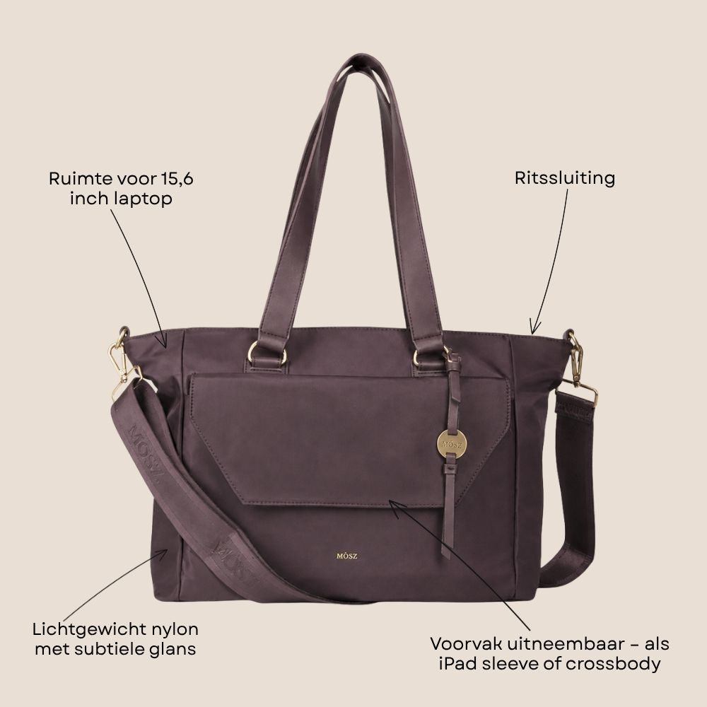 Laptoptas shopper dames 15.6 inch donkerbruin MŌSZ Denise voorzijde specificaties