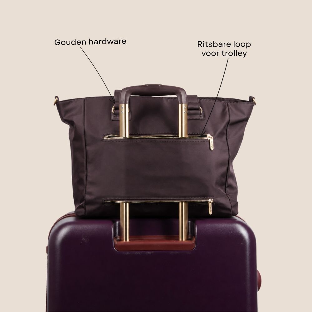 Laptoptas shopper dames 15.6 inch donkerbruin MŌSZ Denise achterzijde specificaties