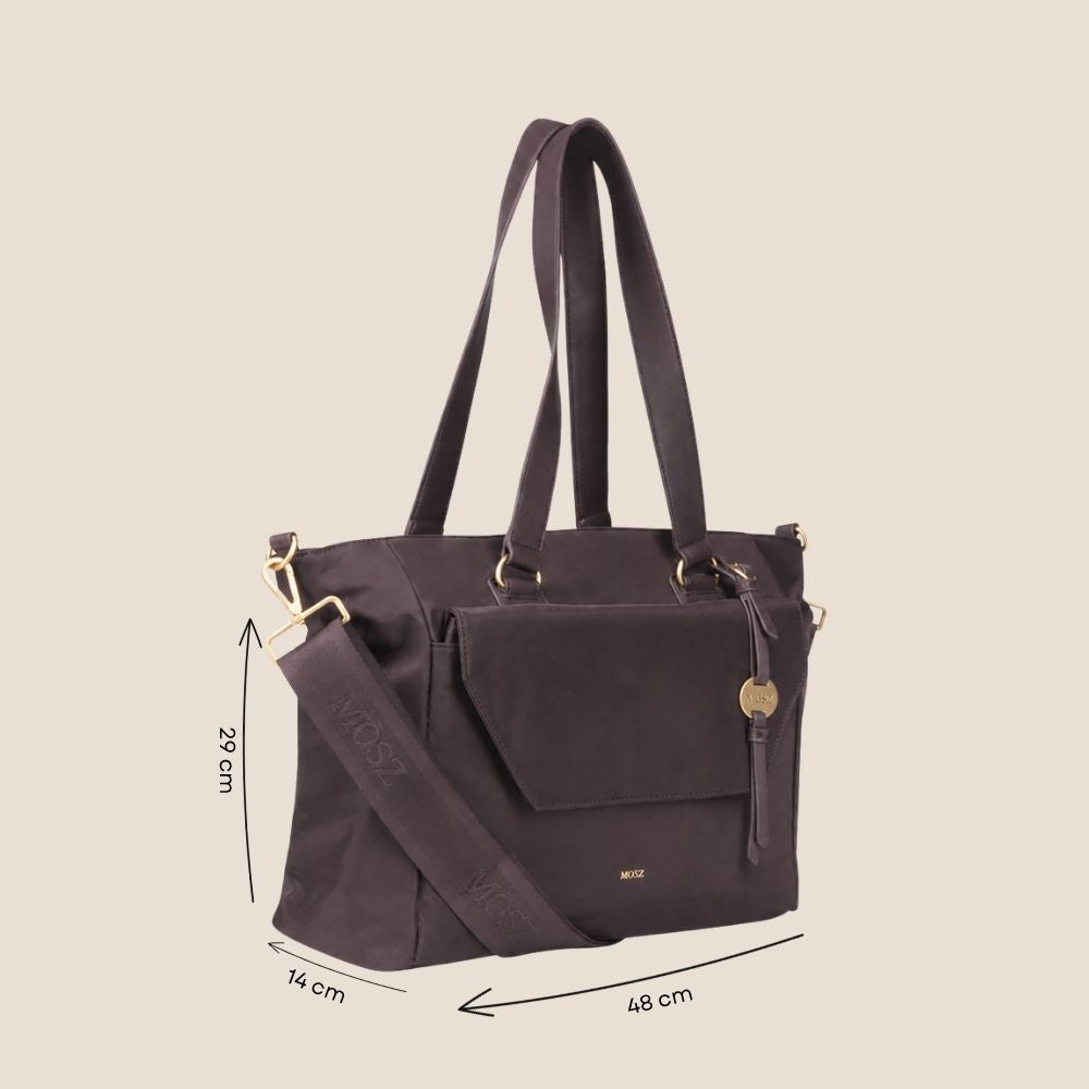 Laptoptas shopper dames 15.6 inch donkerbruin MŌSZ Denise zijkant specificaties
