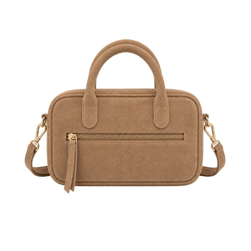 Suede handtas dames taupe MŌSZ Jenny achterzijde