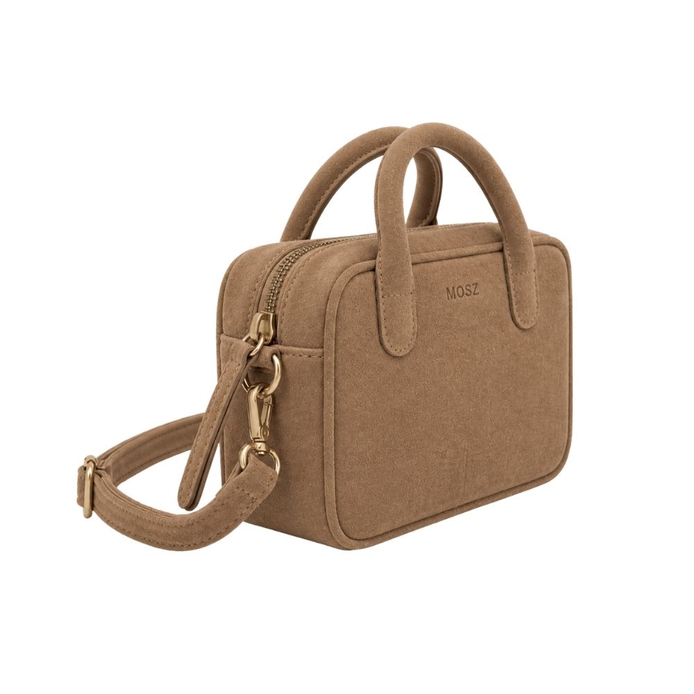 Suede handtas dames taupe MŌSZ Jenny zijkant