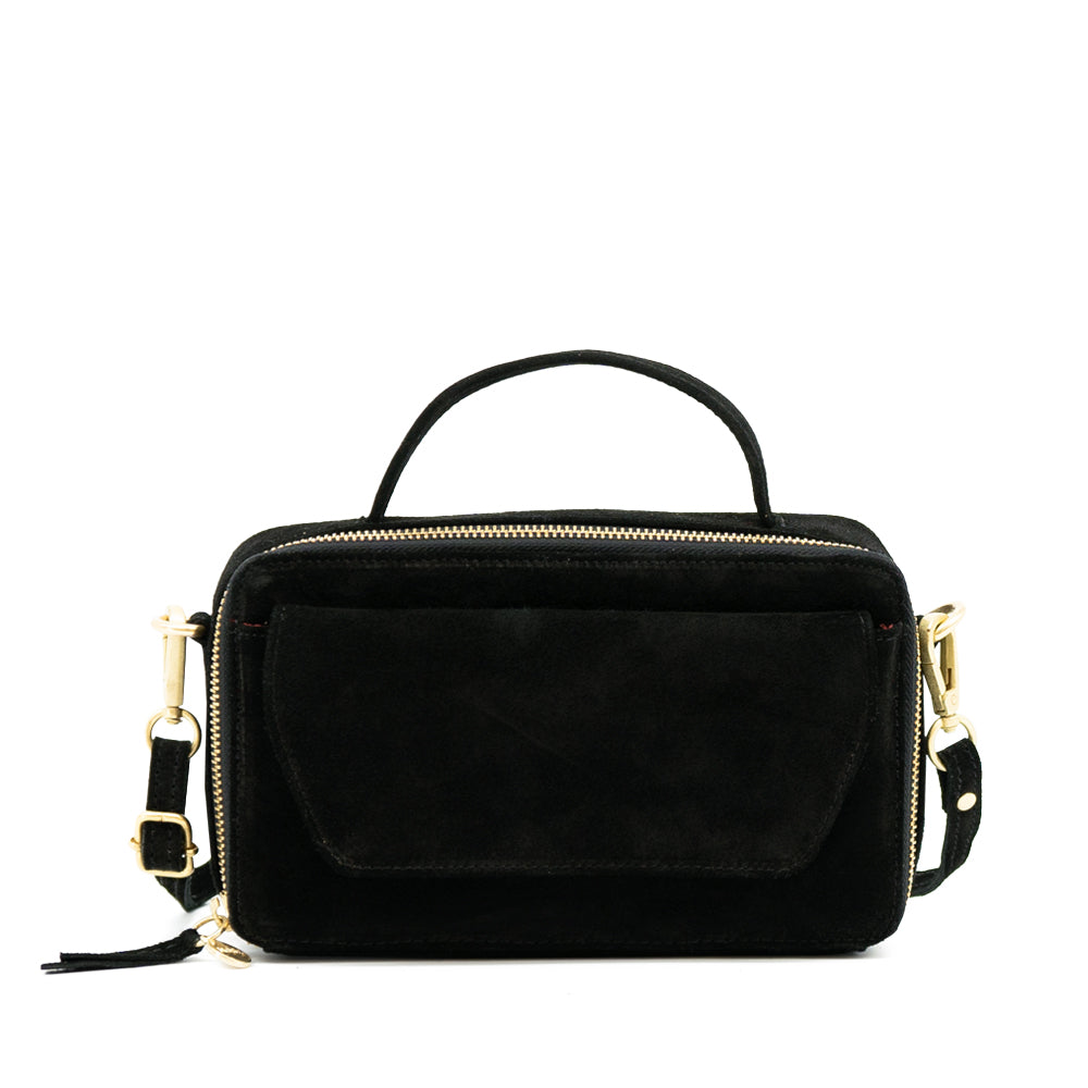 crossbody tas dames zwart suede voorzijde
