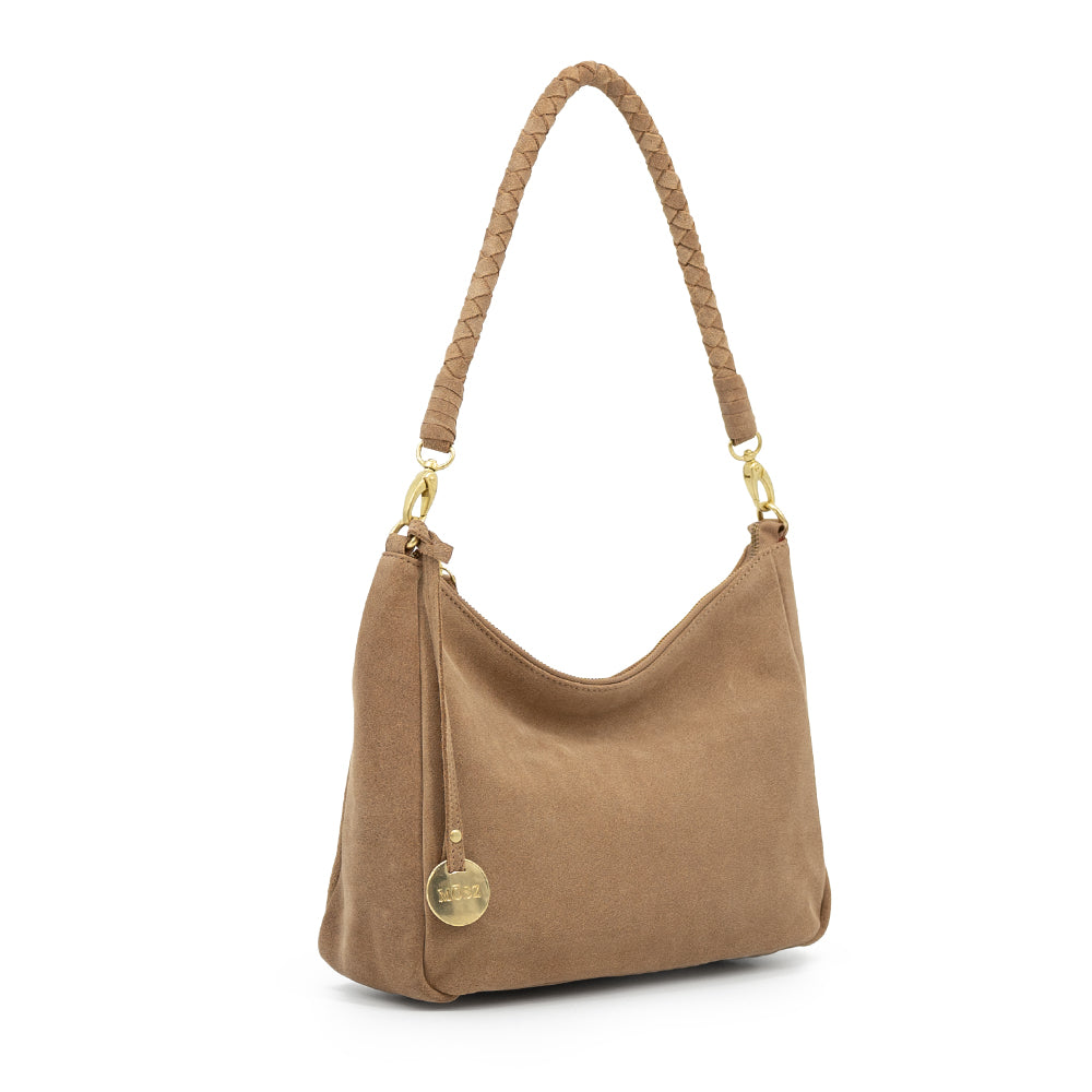 Schoudertas dames suede zand zijkant