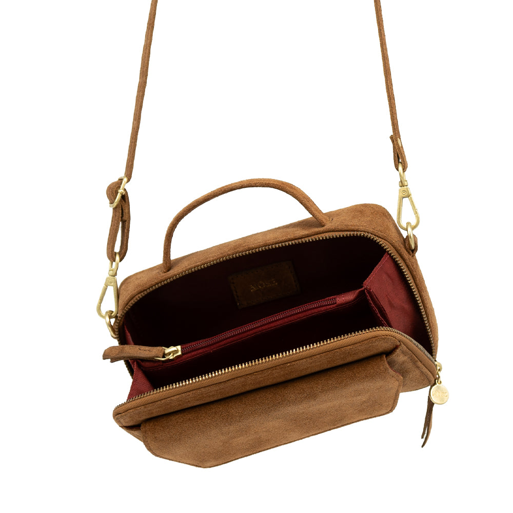crossbody tas dames suede cognac