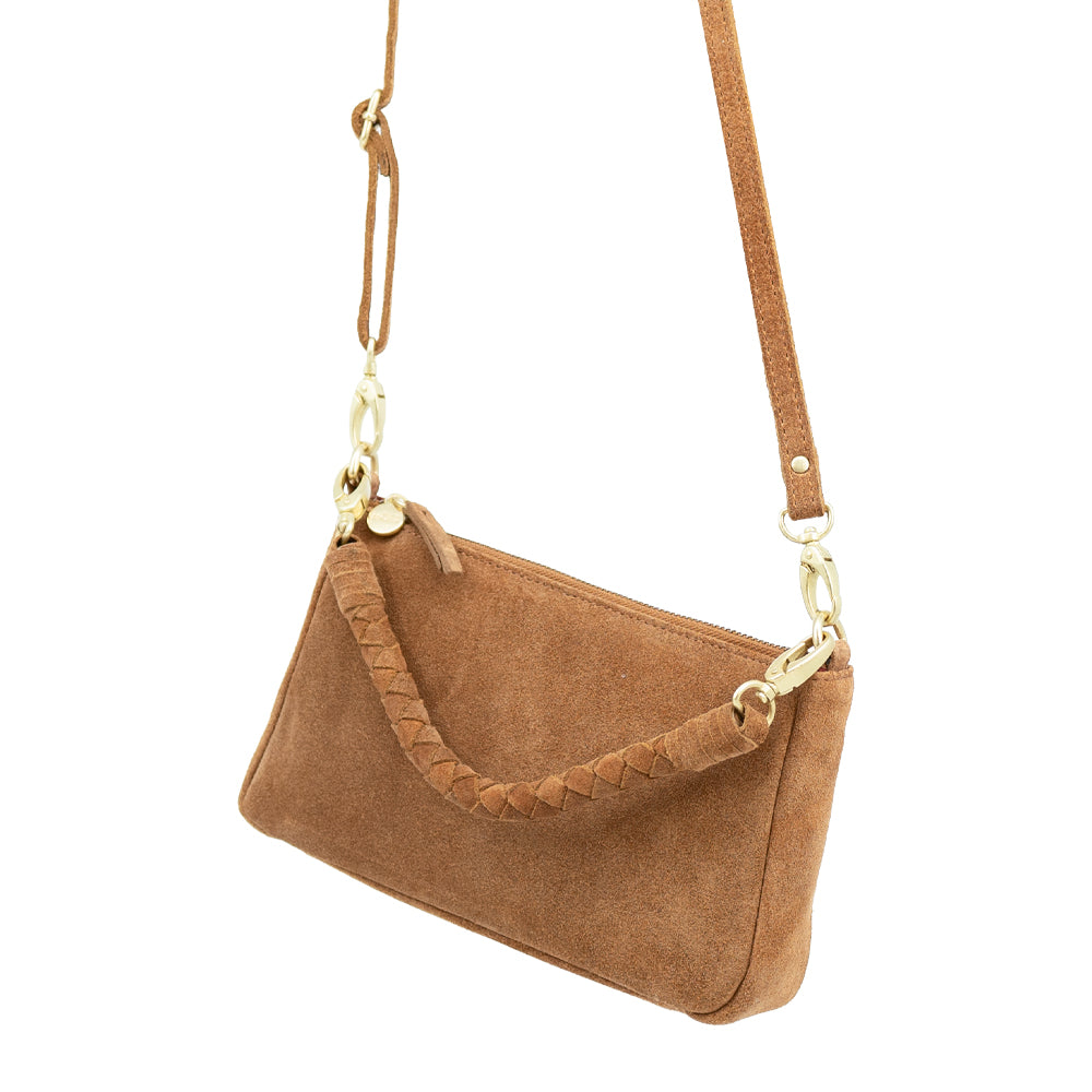 handtas dames, dames tas cognac suede hangend