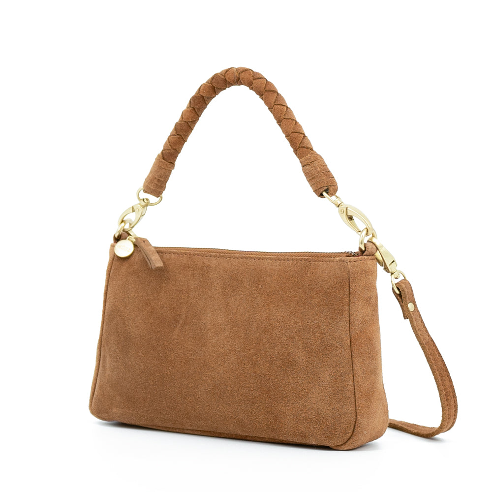handtas dames, dames tas cognac suede  zijkant