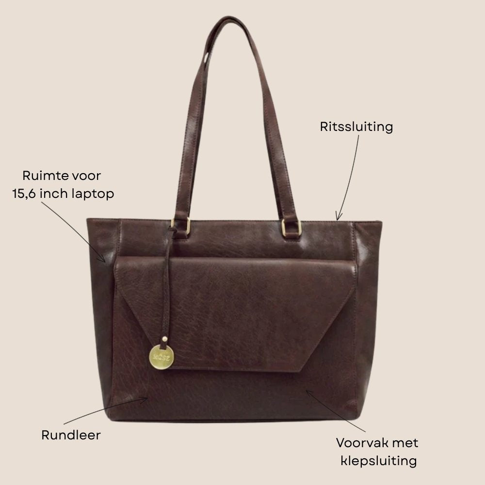 Leren laptoptas dames 15.6 inch donkerbruin kenmerken voorzijde