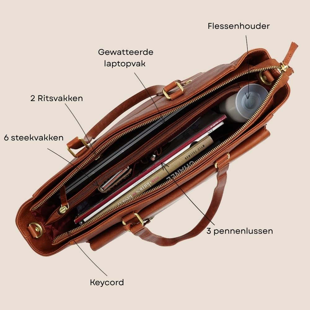 dames laptoptas leer 15,6 inch cognac binnenzijde specificaties