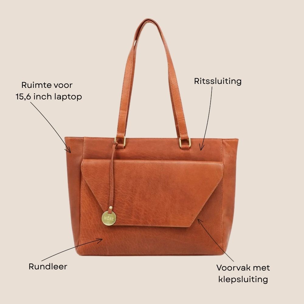 dames laptoptas leer 15,6 inch cognac voorzijde specificaties