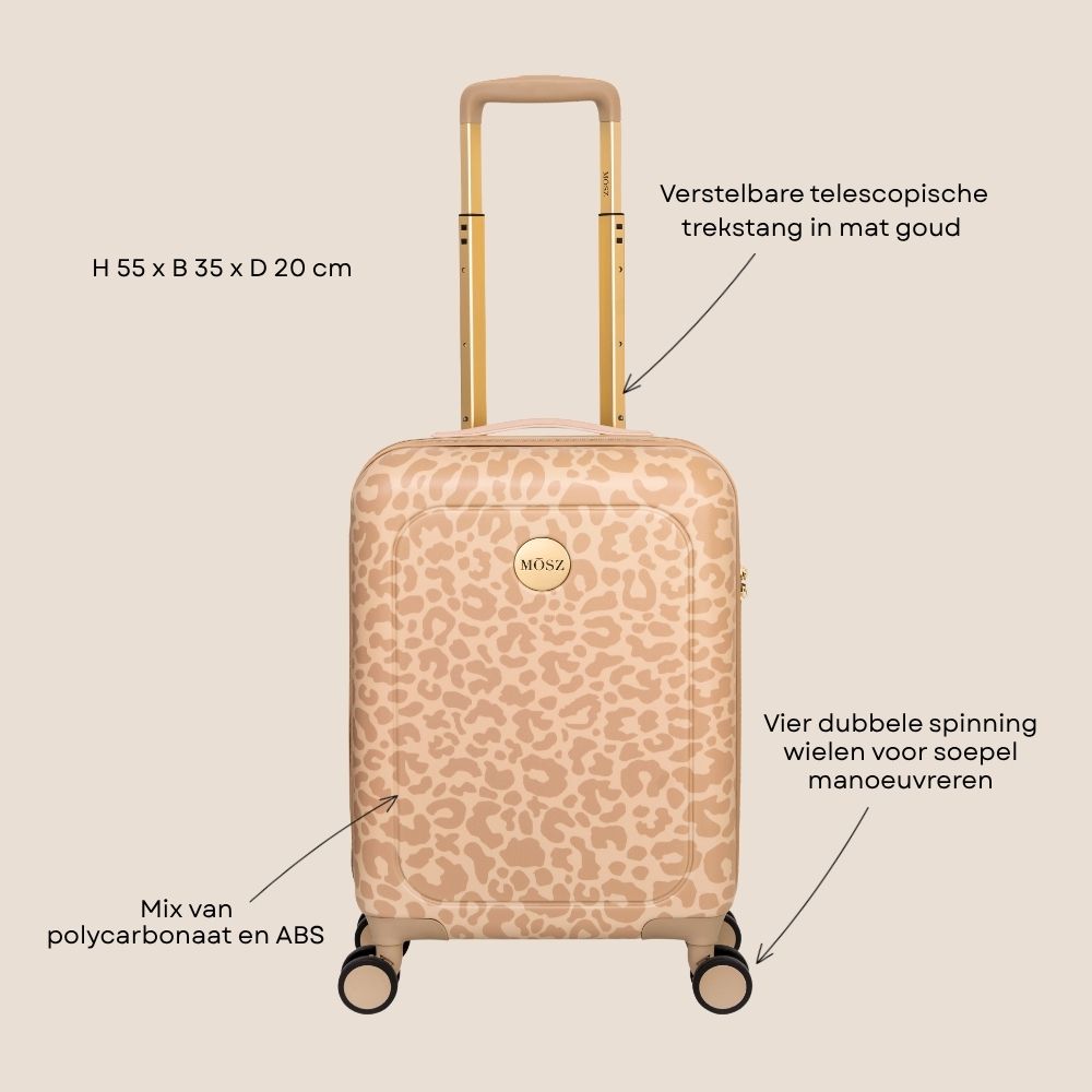 handbagage koffer 55 cm panterprint beige 33 liter voorzijde specificaties