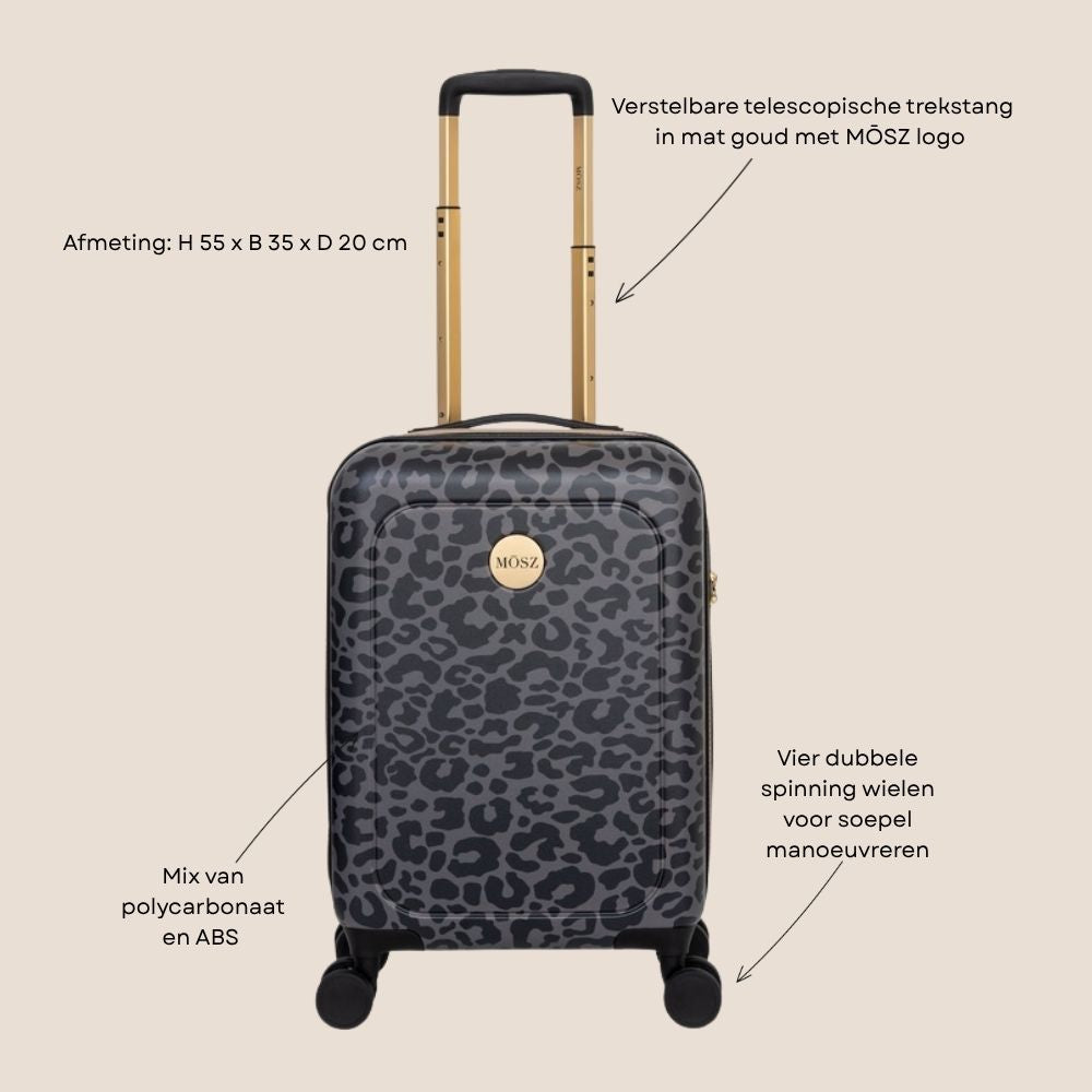 handbagage koffer 55 cm panterprint zwart vooraanzicht specificaties