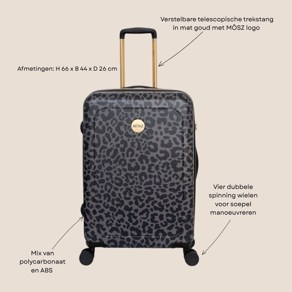Middenmaat koffer panterprint zwart 66 cm voorzijde specficaties