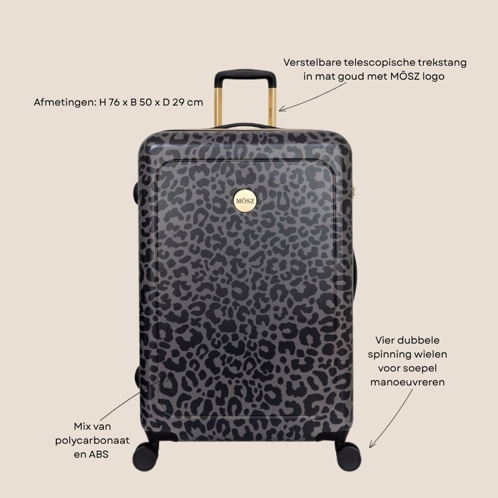 Grote panterprint koffer 76cm in zwart voorzijde specificaties