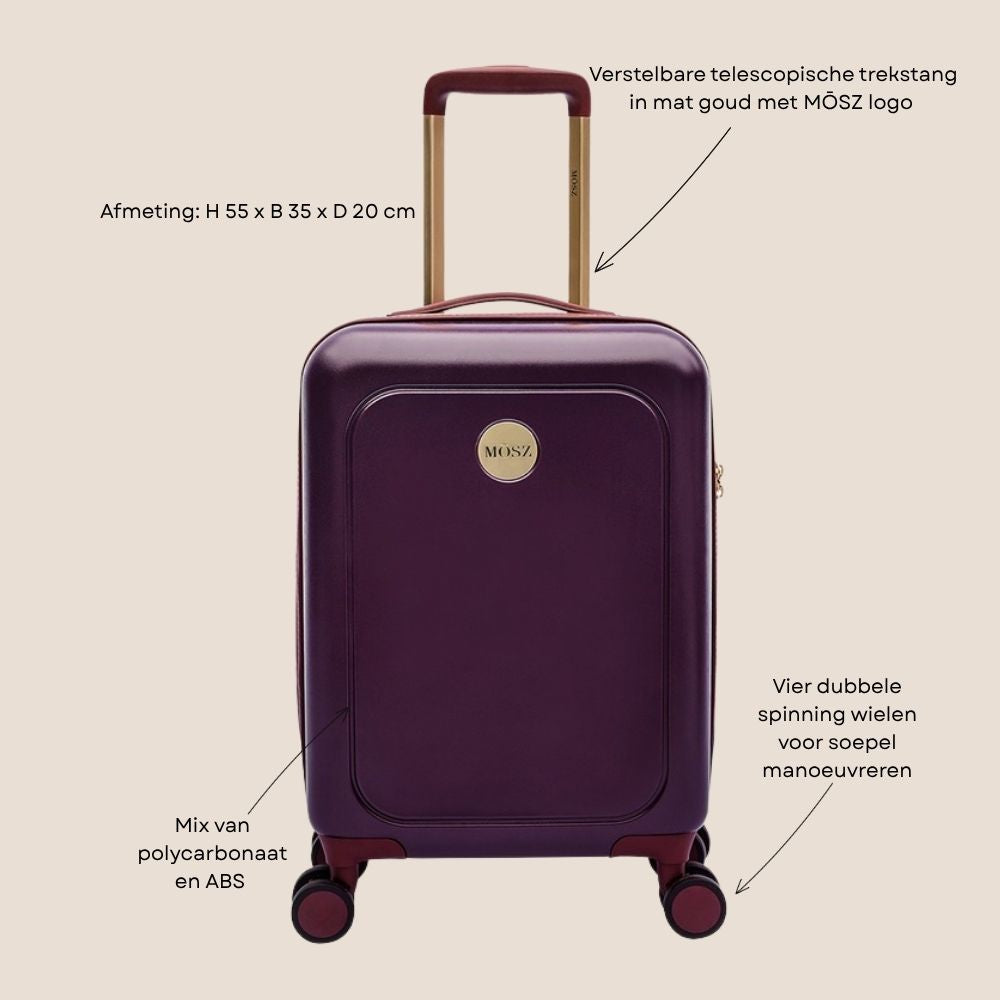 handbagage koffer 55 cm paars 33 liter voorzijde specificaties