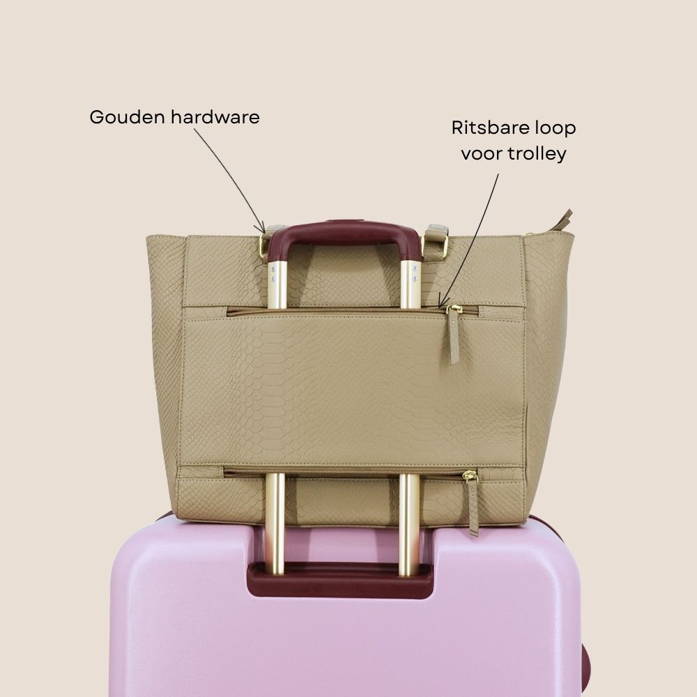 laptoptas dames taupe 15.6 inch op koffer achterzijde specificaties