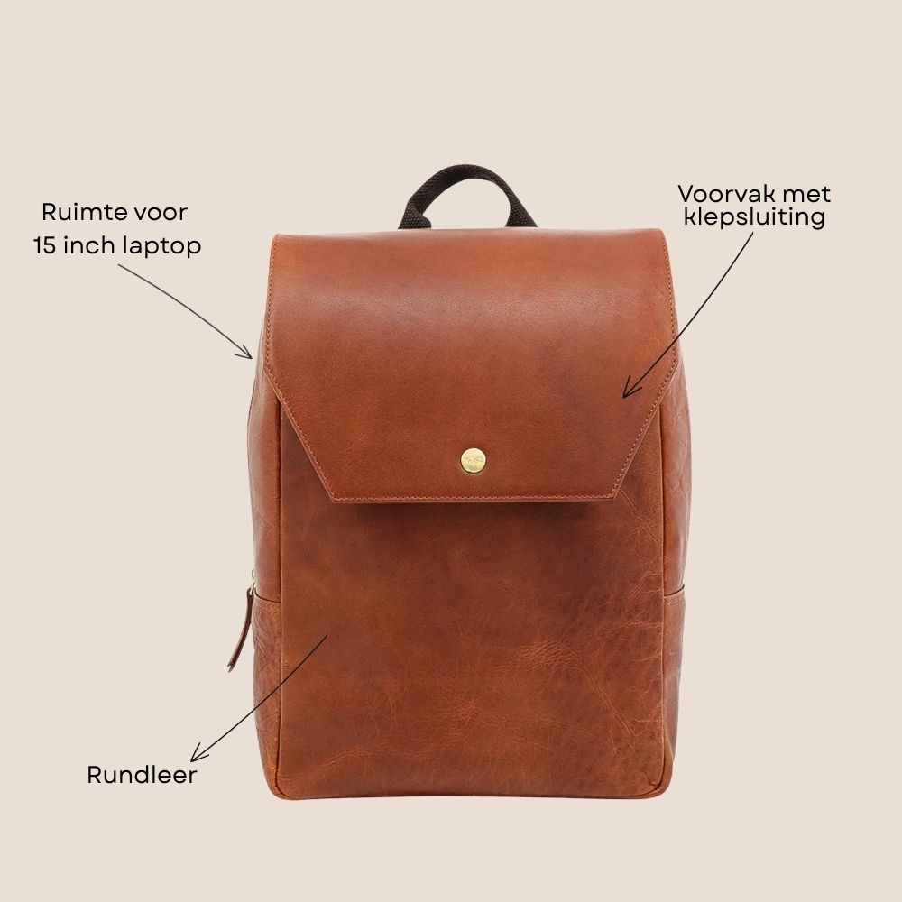 leren laptop rugzak 15 inch cognac voorzijde specificaties
