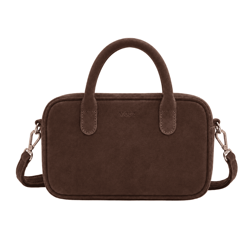 Suede handtas dames donkerbruin MŌSZ Jenny voorzijde voorzijde