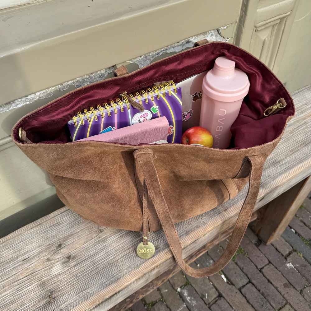 Suede shopper dames taupe binnenzijde tas