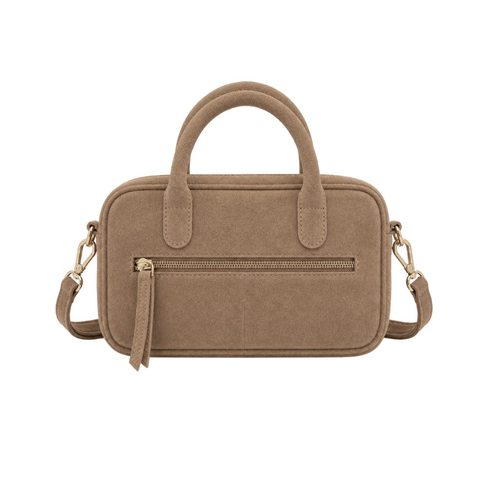 Suede handtas dames taupe MŌSZ Jenny binnenzijde achterzijde