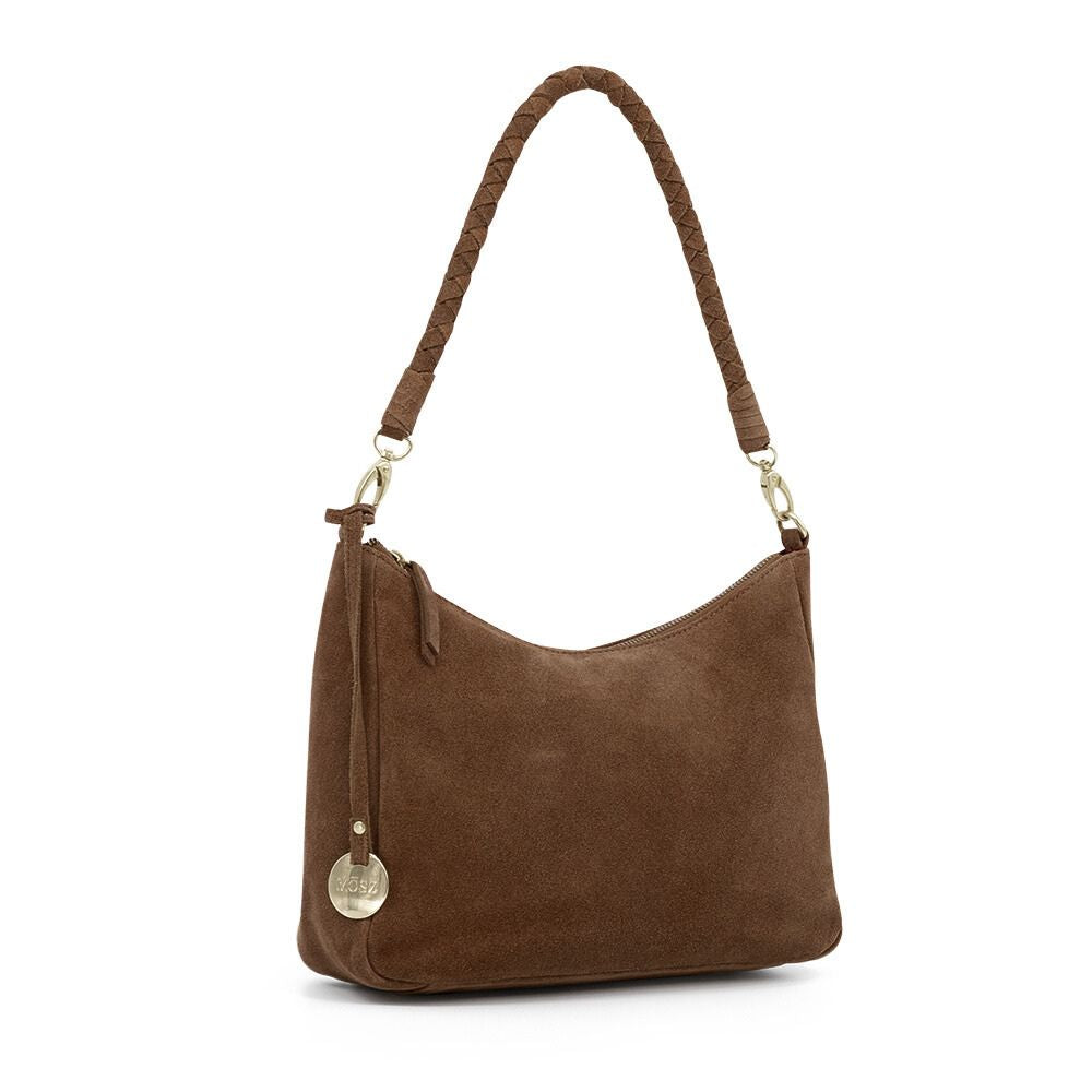 Suede schoudertas dames bruin zij aanzicht