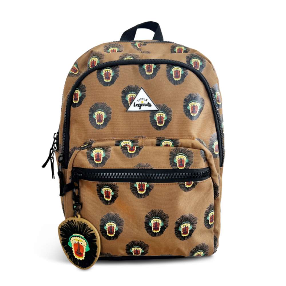Camelkleurige kinderrugzak met baboon print, knaloranje snoet, koptelefoon en grove zwarte ritsen