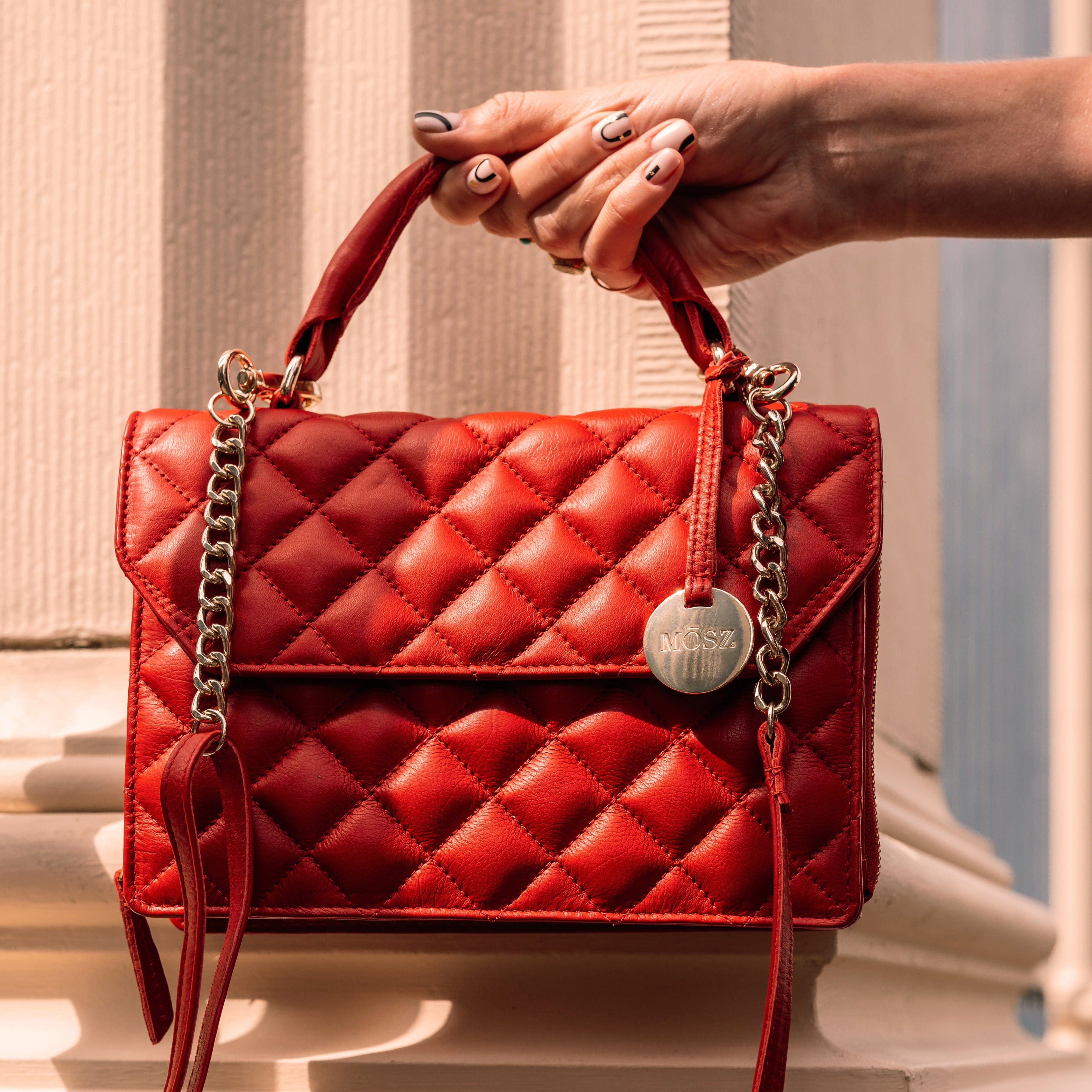 Leather ladies handbag - red quilted - MŌSZ Kris L