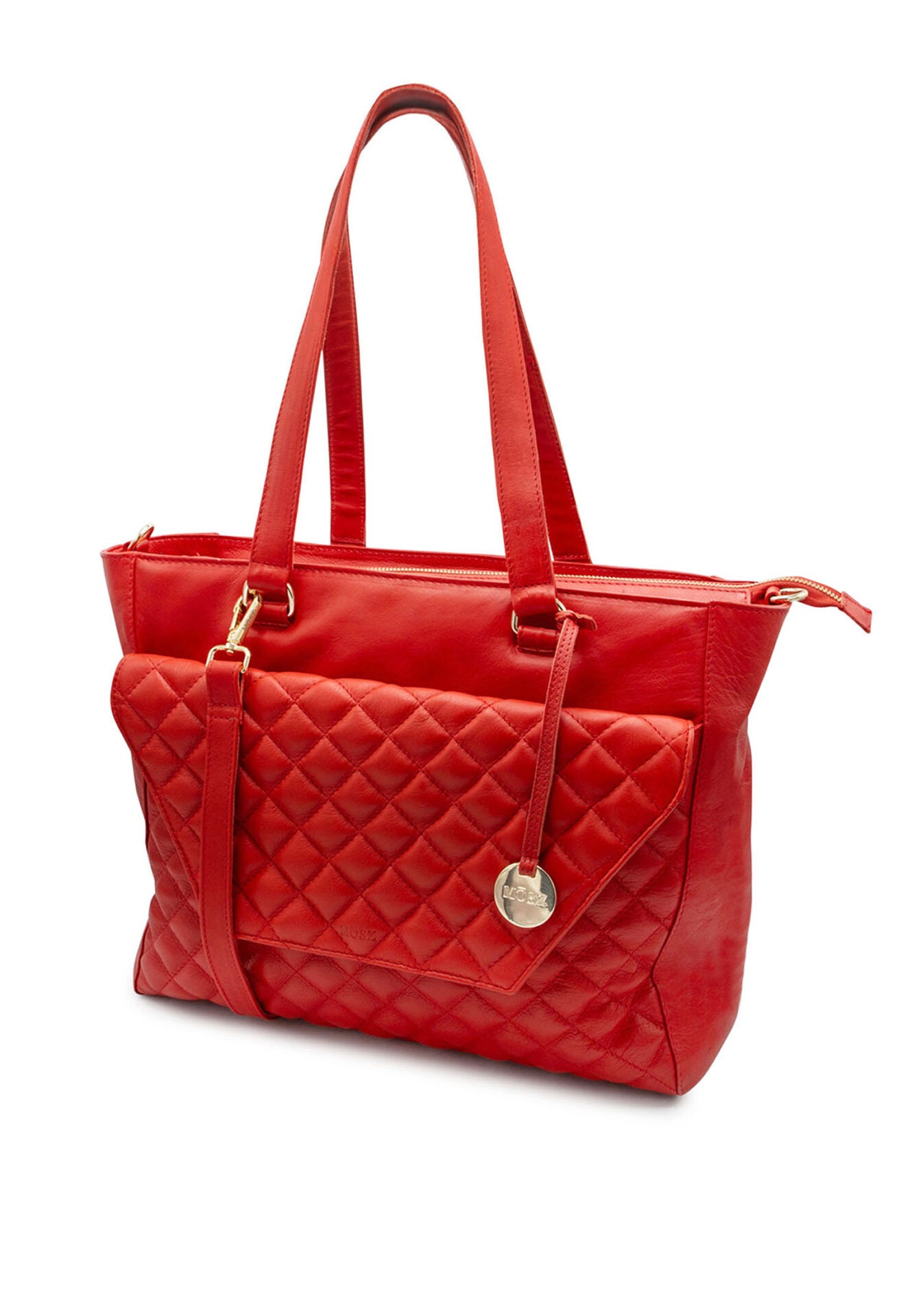 Leather laptop bag ladies 15.6 inch - red quilted - MŌSZ Denise