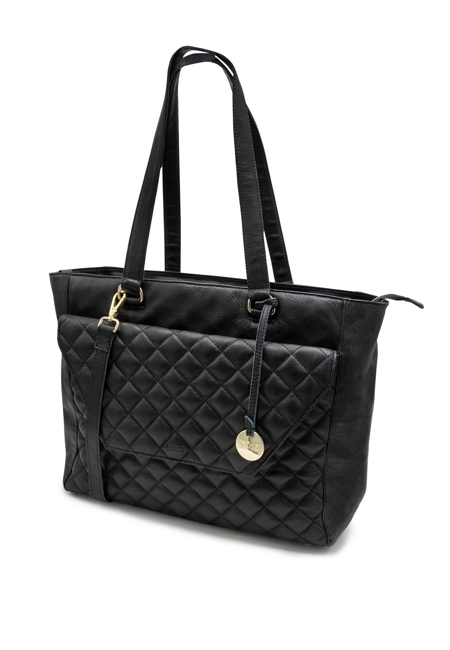 Leather laptop bag ladies 15.6 inch - black quilted - MŌSZ Denise