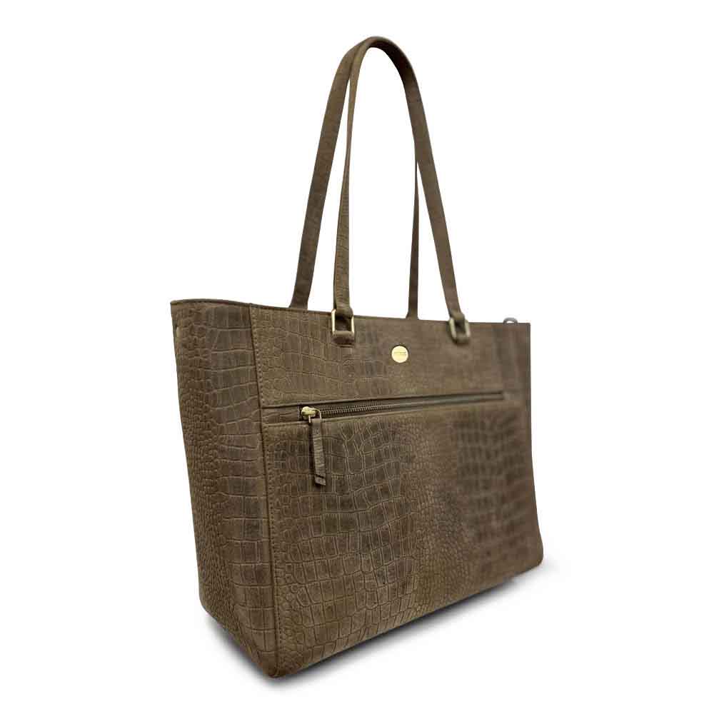 Leren laptoptas dames 15.6 inch taupe zijkant