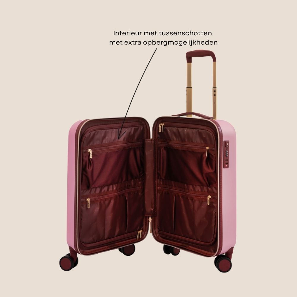 handbagage koffer 55 cm roze 33 liter binnenzijde specificaties
