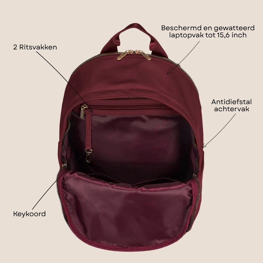 Laptoprugzak dames nylon 15.6 inch Burgundy voorzijde binnenzijde specs