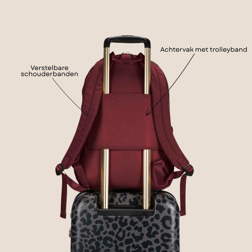 Laptoprugzak dames nylon 15.6 inch Burgundy voorzijde achterzijde specs