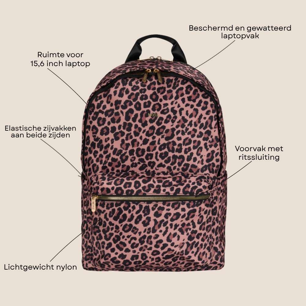 Laptoprugzak dames nylon 15.6 inch panterprint voorzijde specs