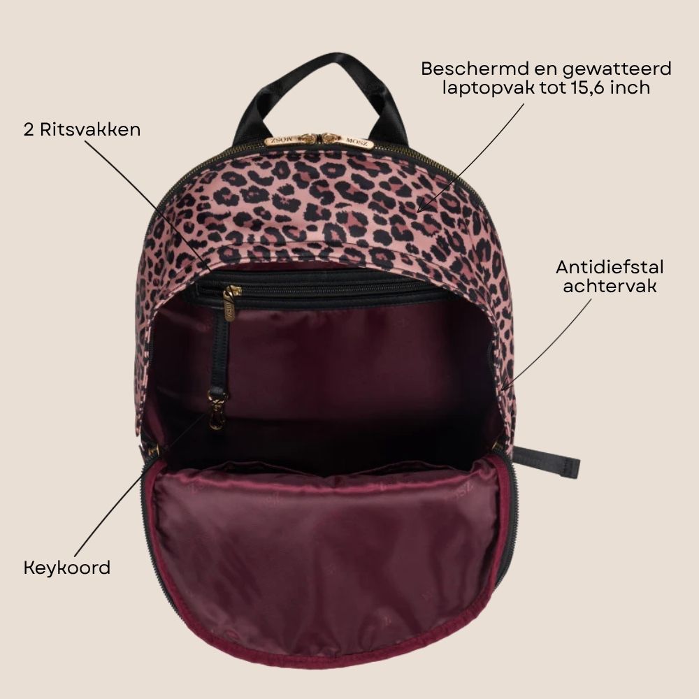 Laptoprugzak dames nylon 15.6 inch panterprint binnezijde specs