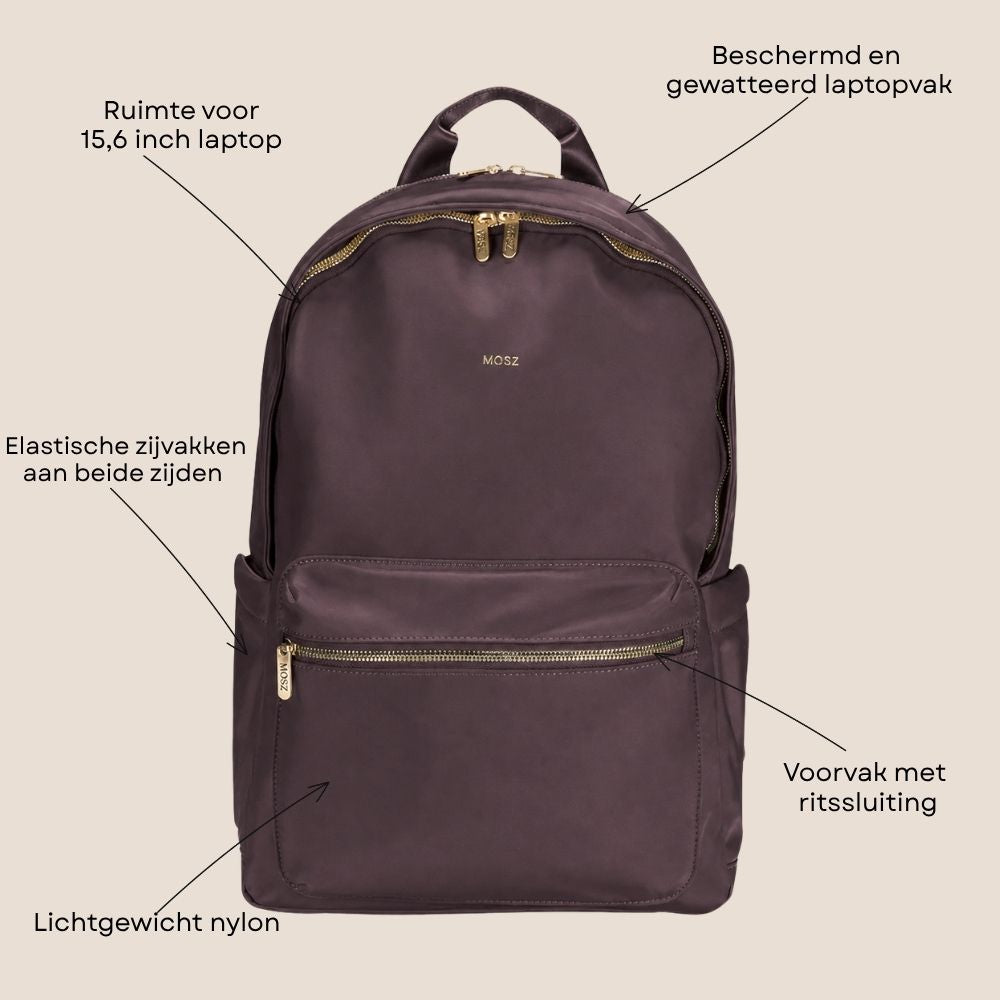 Laptoprugzak dames nylon 15.6 inch donkerbruin MŌSZ Maren voorzijde specificaties