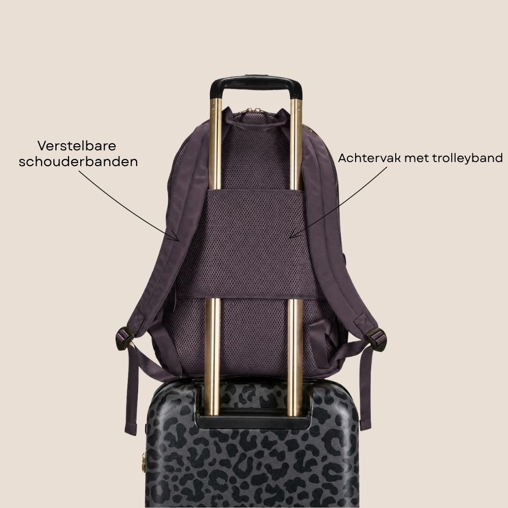 Laptoprugzak dames nylon 15.6 inch donkerbruin MŌSZ Maren achterkant specificaties